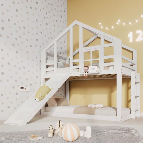 FEZTOY Kinderbett Baumhaus fur 2 Kinder, Etagenbett mit Rutsche und Leiter, Hausbett Hochbett mit 2 Lattenrost, Spielbett Stockbett Jugendbett Funktionsbett, ohne Matratze (Weiß mit Leiter, 90x200)