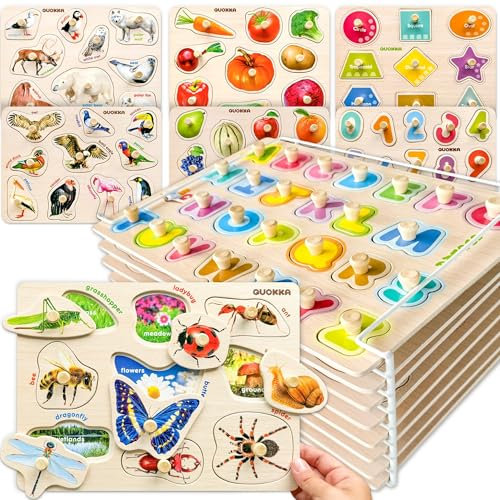 QUOKKA Steckpuzzle Holz ab 1 2 Jahre - 8 Set Spielzeug Puzzle ab 2 3 Jahre - Realistisch ABC Lernspiele für Kinder - Geschenk für Baby Mädchen and Junge
