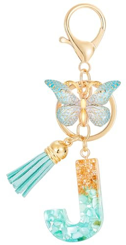 MWOOT Initiale Letter Keychains Porte Clé Lettre J,Alphabet Initial Keyring avec Papillon Pendentif,Vert Feuille D'or Key Ring pour Femmes Filles Portefeuilles Sac à Main Bagages Charme(J)