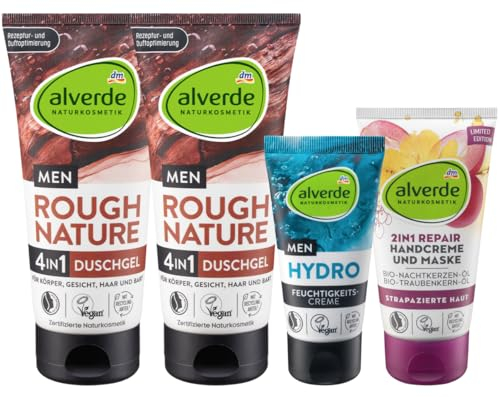 alverde Naturkosmetik 4er-Set Hautpflege: Duschgel 4in1 ROUGH NATURE MEN (2 x 200 ml) + Gesichtscreme HYDRO NATURE Aloe Vera (50 ml) + Handcreme &-maske 2in1 REPAIR mit Nachtkerzenöl (75 ml), 525 ml