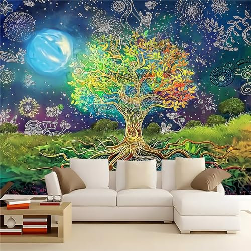 Photo Murale Bel Arbre De Vie 250 x 175 cm - Papier peint Feuilles colorées et herbe verte Non Tissé pour enfants et adultes - Déco Maison Chambre - Décoration Tenture Murale Appartement Décoration