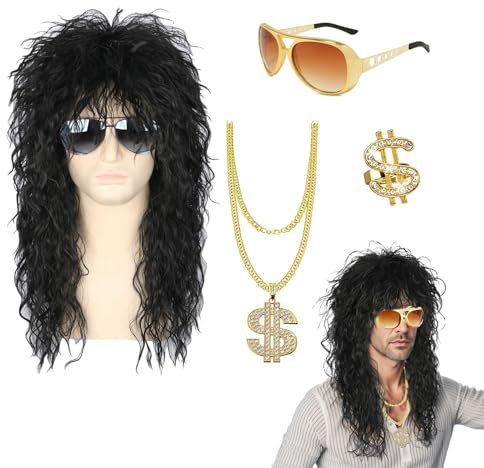 80er Jahre Outfit Herren Perücken 4er Set 80er Vokuhila Perücke Herren Schwarz Lang Lockig mit Kette und Brille und Ring Disco Kostüm Perücke Teile Für Fasching Karneval Party und Cosplay