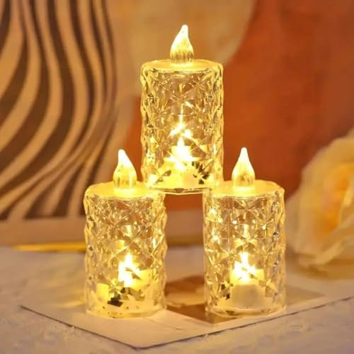 3PCS Crystal Flameless Candle Light, LED Clear Crystal Candle Light, Flameless Tea Lights Candles Battery Operated, Crystal Led Tealight Candles for Weddings, Party, Halloween, Christmas Decor (L)