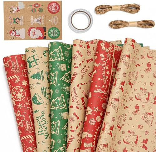 POPOYU Carta da regalo natalizia, carta kraft riciclata, 6 fogli piegati, 70 x 50 cm, carta da regalo con etichette da appendere, nastri, spago, renna, alce, per regali di Natale, decorazioni