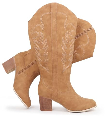 Chicblooms Women's Extra Wide Calf Cowboy Boots Embroidered Western Cowgirl Knee High Boots, Tan PU, 8.5 M US
