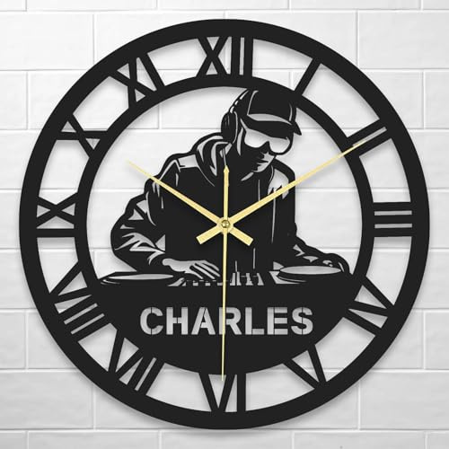 LINMQIU Personalised DJ Wall Clock with Name, Custom Round Iron Wall Clock, Large Metal Sign Wall Clock, Vintage Roman Numeral Clock for Bedroom Office Living Room Decoration, Housewarming Gifts