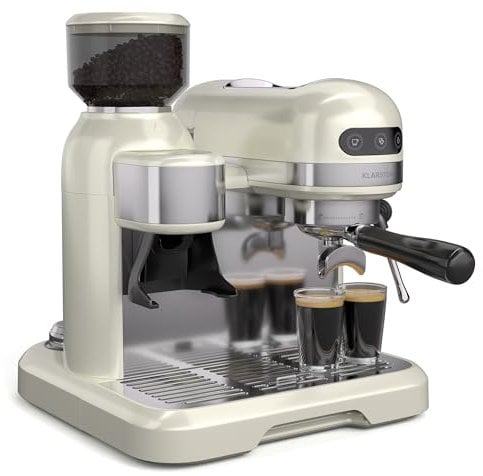 KLARSTEIN Bella Café - Macchina per caffè Espresso, 19 Bar, 1550W, Macinino Integrato da 200g, Montalatte Mobile, Serbatoio da 1,4L, Thermo Block, 2 Tazze, Crema