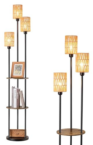 EDISHINE Boho Floor Lamp with Shelves, 3-Lights 70 Rattan Standing Lamp, Handmade Rope Lampshades, LED Bulbs Included, Corner Lamps for Living Room, Bedroom, Office, Brown