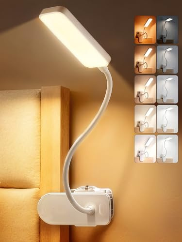 Clip on Light,9 Brightness+5 Colors Book Light Clip on Book Reading Light | 4000mAh Battery Rechargeable Lamp,450 Lumen 48 LED, Cordless+Wireless+Portable, Small Desk Lamp for Bedroom/Bed/Bedside Table