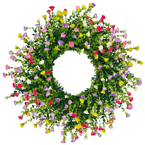 Spring Wreaths for Front Door, 22 Inch Farmhouse Colorful Cottage Wreath, 252 Silk Artificial Carnation Floral with Plastic Greenery Green Leaves Hanging for Porch, Home Summer Decorations