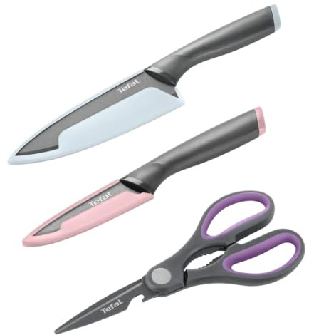 Tefal Slicy 3-tlg. Messer-Set, Soft Touch Griff, Schwarz/Pastellfarben | (Kochmesser 15cm, Schälmesser 9cm, Küchenschere 21cm), antihaftbeschichtete Edelstahl-Klinge + Titanverstärkung, K4319304