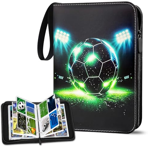 Sammelalbum Fußballkarten für 400 Karten aus PU-Leder mit Handschlaufe | Metall-Ringbuchsystem, 50 abnehmbare 4-Fächer Hüllen, ca. 24x18x5cm Gehäuse, Reißverschluss, für Formate bis 6,4x9cm