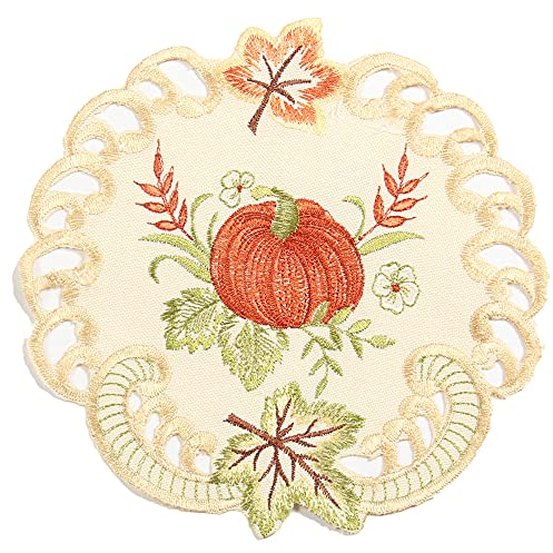 Quinnyshop Kürbis und Sonnenblume Stickerei Tischdeckchen 20 cm Rund Polyester, Creme