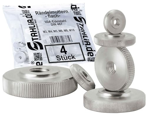 Stahlia Rändelmutter M10 Edelstahl V2A Muttern Set (4 Stück) flache Form DIN 467 Gewindemutter gerändelt für metrische Schraubgewinde & Gewindestangen