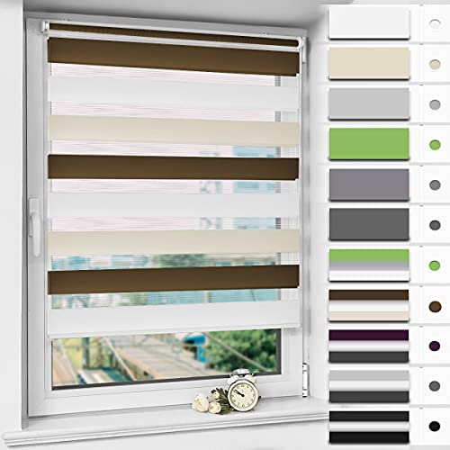 Magiea Doppelrollo Klemmfix ohne Bohren & mit Bohren, Weiß-beige-braun B65 x H120 cm Stoffbreite 61 cm, Klemmrollo lichtdurchlässig und Blickdicht, Fensterrollo Sonnenschutzrollo für Fenster