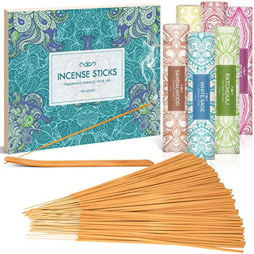 SCENTORINI Encens Sauge Blanche, Rose, Bois de Santal, Cannelle - Assortiments de Nombreux Parfums, Encens Patchouli avec Support de Bâtons d'Encens