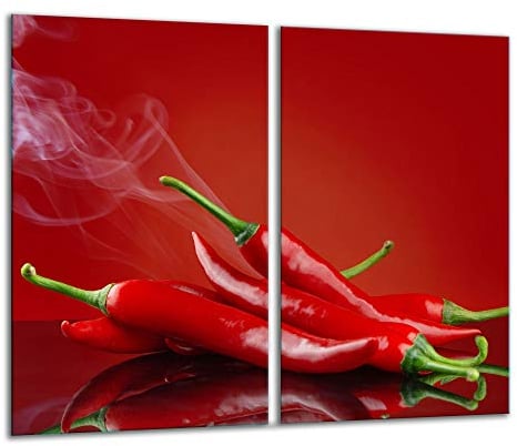 TMK | Herdabdeckplatten 2 Teilig 2x30x52 cm Ceranfeldabdeckung Küche Elektroherd Induktion Herdschutz Spritzschutz Glasplatte Schneidebrett Rot Chili