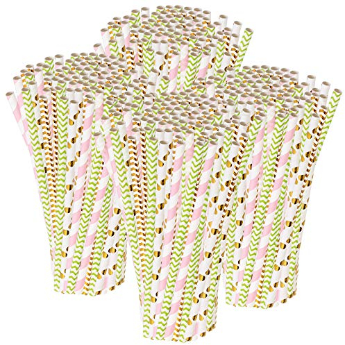 PEARL Einweg Strohhalme: 400 Papier-Trinkhalme, Retro-Motive in gold, grün, rosa, 197 x 6 mm (Gestreifer Papier-Trinkhalm, Halm, Trinkflasche)