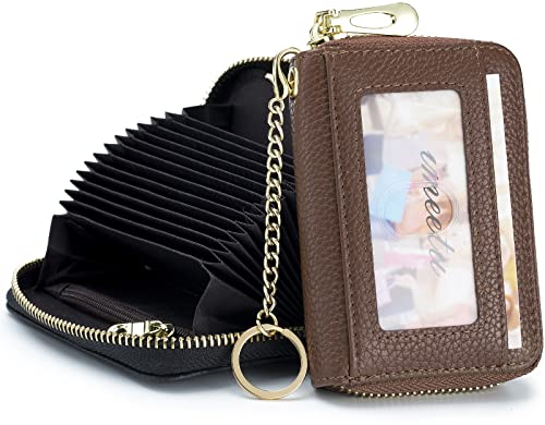 imeetu Card Holder for Women RFID Card Holder Wallet Slim Leather Cardholder Damen with 12 Card Slots, 2 Wide Cash Slots, Keyring & ID Window (Small,Braun)