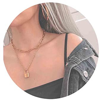 Yheakne Punk Layered Lock Choker Necklace Gold Padlock Pendant Necklace Chunky Paper Clip Chain Necklace Vintage Statement Necklace Chain Jewelry for Women and Girls Gifts for Her