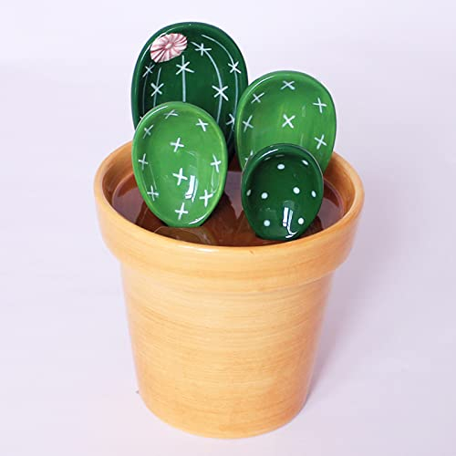 Ceramic Cactus Measuring Spoons with Holder Set of 5 Baking Measuring Spoons for Wet & Dry Ingredients Cactus Figurine Dishwasher Safe Mixed Colors 1 Tbsp 1 TSP 1/2 TSP 1/4 TSP 1 Cup Yellow (B)