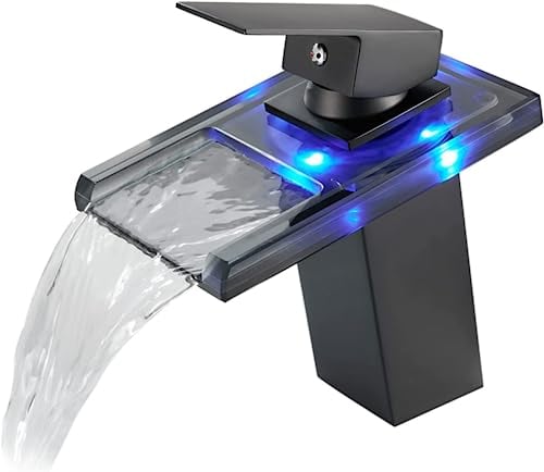 OUGOO Wasserhahn Bad LED, Wasserfall Waschtischarmatur RGB 3 Farbwechsel, Messing Einhebelmischer Waschbecken Armaturen, Schwarz