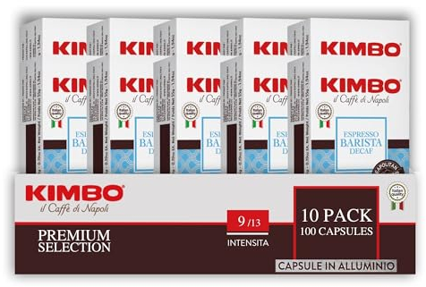 KIMBO - Café Espresso Barista Décaféiné - Café Capsule - Café Italien Authentique - Intensité 9 / Medium Roast - Lot de 10 Boîtes de 10 Capsules aluminium Compatibles Avec Nespresso®