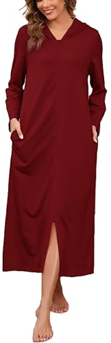 HALCYEEN Damen-Bademantel mit Kapuze, Reißverschluss, lange Ärmel, Hausmantel, volle Länge, Nachthemd mit Taschen, S-XXL