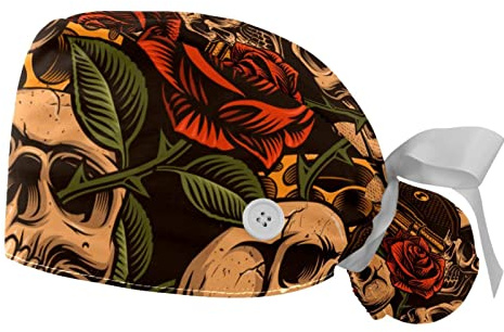CHENZZZZ Skull with Rose Vintage Working Cap 2 PCS Tie Back Hats with Button & Sweatband Bouffant Scrub Turban Caps, mehrfarbig, One size