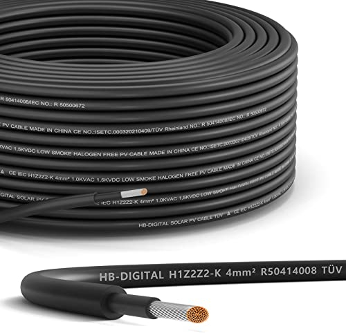 hb-digital 10m Câble solaire 4mm² Photovoltaïque H1Z2Z2-K - Certifié TÜV Rheinland - aux UV Flexible En cuivre pur 1500V Cable d'installation pour panneau solaire Alimentation en énergie sûre - Noir