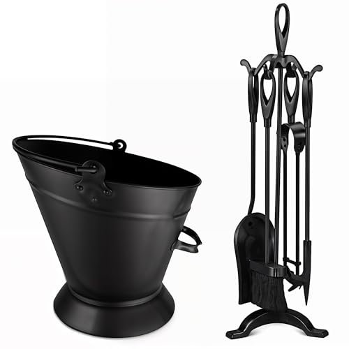 BLADO 5Pc Fireplace Tools Coal Bunker Long Burner Accessories Fireside Companion Set Indoor/Outdoor Fire Pit Stand Shovel Antique Brush Chimney Poker (Warwick Fireplace + Waterloo Bucket)