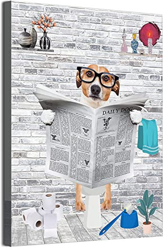 MKHFUW Toile murale amusante pour salle de bain, animaux amusants lisant des journaux dans les toilettes sans cadre (chien, 30 x 40 cm)