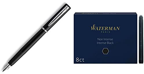 Waterman Graduate Allure Stylo-plume, Laque Noir Mate, encre bleue, emballé Sous Blister & cartouches d’encre pour stylo plume | format long « standard » | couleur Noir Intense | boîte de 8
