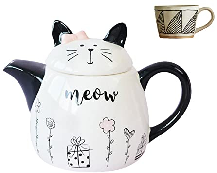 LOGEA Carina teiera in Ceramica per Gatti, Set da tè Creativo in Porcellana Vaso da tè in Ceramica con Tazza da 450 ml dall'aspetto Vintage con setaccio Bella Tazza da teiera per Gatti (teiera),4