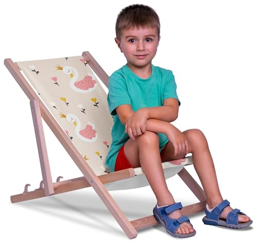DreamRoots Kinder Liegestuhl Holz Gr. S, Swan with Tulips Flowers | Klappbarer Campingstuhl faltbar, für Garten & Strand, bis 130 kg, waschbarer Bezug, 100% Polyester, UV-beständig, Kinderliege