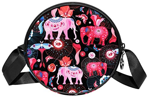 Messenger Bag Bright Elephants Crossbody Tasche für Damen Rund, Mehrfarbig, 6.7x6.7x2.3 in, Sling Rucksäcke