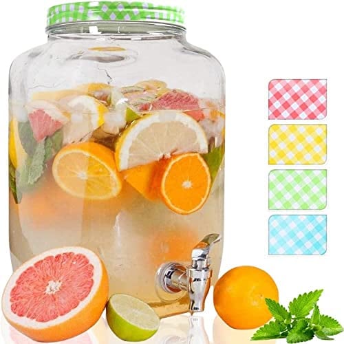 YöL Large Glass Drinks Dispenser 8L Party BBQ Outdoor Style with Tap and Green Lid Easy Filling Wide Mouth Summer Cocktail Juice Water Carafe Jug
