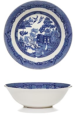 AuraHome Blue Willow Oatmeal Bowl 15cm 6 Inches Diameter x 5cm Height Glazed Iconic Elegant Blue-Printed Scene on White Porcelain Depicts Nature Historical Imagery Collectible
