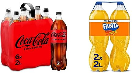Coca-Cola Zero Azúcar - Refresco de cola sin azúcar, sin calorías - Pack 6 botellas 2L & Fanta Naranja - Refresco con 8% de zumo de naranja. Bajo en calorías - Pack 2 botella 2l.