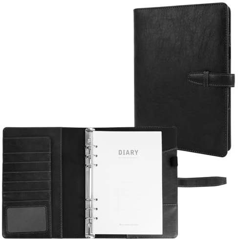 Skycase A5 Ringbuch aus PU-Leder, 6-Ring-Notizbuch, nachfüllbar, Planer-Hülle für A5, schwarz