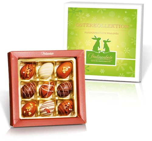 Pralinenbote Genussmanufaktur - Osterpralinen Geschenkbox – 9 handgefertigte Pralinen-Ostereier (110g), edle Schokolade aus deutscher Chocolatierkunst, kleines Ostergeschenk