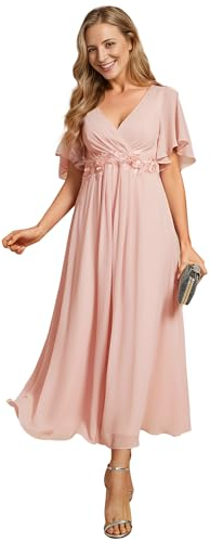Ever-Pretty Robe de Soirée Femme Taille Empire Manches Courtes Plissé Col V Chic Casual Rose 42