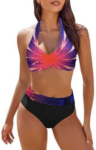 Costumi da bagno da donna a due pezzi a vita alta costumi da bagno a blocchi di colore avvolgente anteriore bikini set taglia 20 costume da bagno donna taglie forti, Viola, 5XL