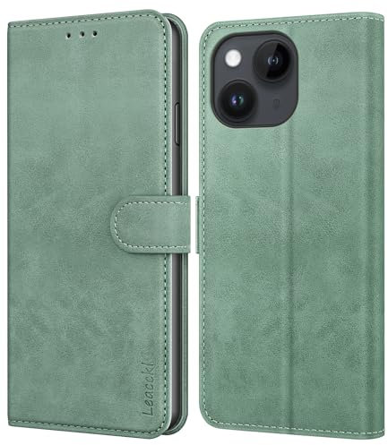 Leacckl Handyhülle für iPhone 13 / iPhone 14 Hülle, Premium PU Leder Brieftasche Stoßfeste [Kartenfächern] Schutzhülle Klapphülle Flip Case, Grün