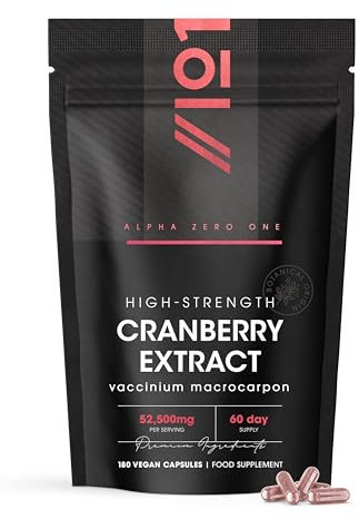 Cranberry Extract 52,500mg – 180 Vegan Capsules – High Strength 50:1 Cranberry Extract (Vaccinium Macrocarpon) – Resealable and Recyclable Pouch by Alpha01