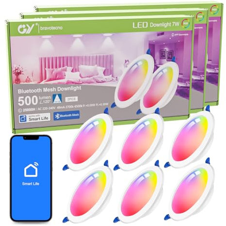 GY Mesh LED Einbaustrahler 230V Spots Flach Dimmbar,Smart Einbauleuchten Deckenspots Deckenstrahler Kompatibel mit Smart Home, 7W 500LM ersetzt 50W, RGB Warmweiß-Kaltweiß Einbauspots, 6er Set