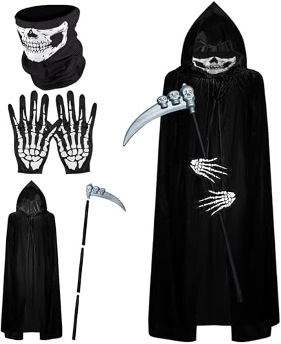 KIKVTER Sensenmann Kostüm,Halloween Kostüm Sensenmann, Halloween Umhang Set mit Sense, Schädelmaske, Umhang, Handschuhe,Halloween Umhangs Sensenmanns Kostüm Kinder für Halloween Karneval Cosplay
