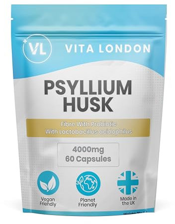 Psyllium Husk Capsules 4000mg | Fibre Supplement with Acidophilus Probiotic | 60 Capsule for Men & Women (Not Powder or Tablets) | Vegan, UK Made