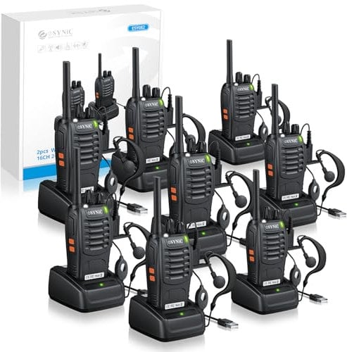 eSynic 8Pack Professional Walkie Talkies for Adults Rechargeable Walkie Talkies Best 16CH Walkie Talkie Hand Free VOX Clear Call Walky Talky With Earpieces& LED Lights For Travel Working etc