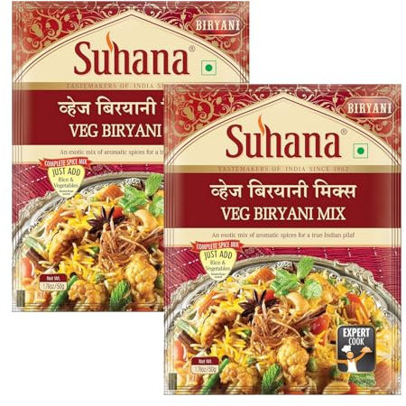 Suhana Spices Mix Powder (Ready To Eat) - Curry Masala Recipe Mixes Casserole Seasoning Herbs - Simplifies & Speeds Up Cooking Process (Pack of 2, Veg Biryani Mix 50g (RTE))